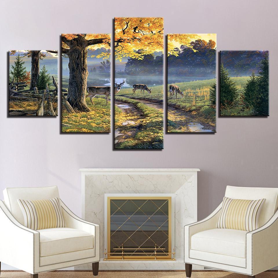 Deer On The Trails Landscape Canvas Wall Art