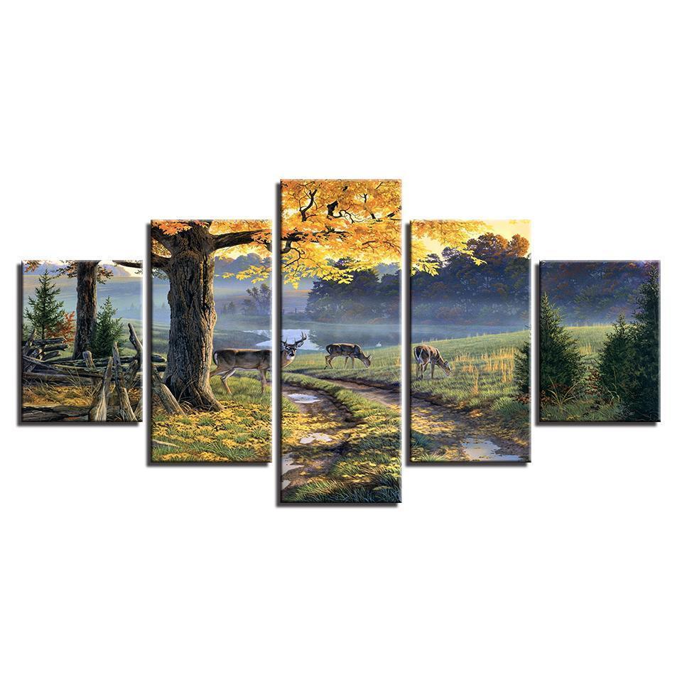 Deer On The Trails Landscape Canvas Wall Art