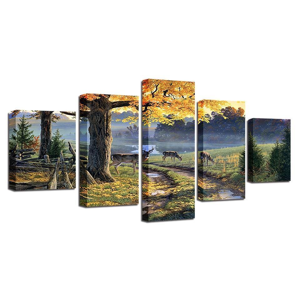 Deer On The Trails Landscape Canvas Wall Art