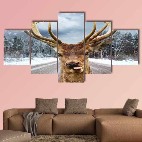 Deer With Big Horns On A Winter Country Road Animal Canvas Wall Art