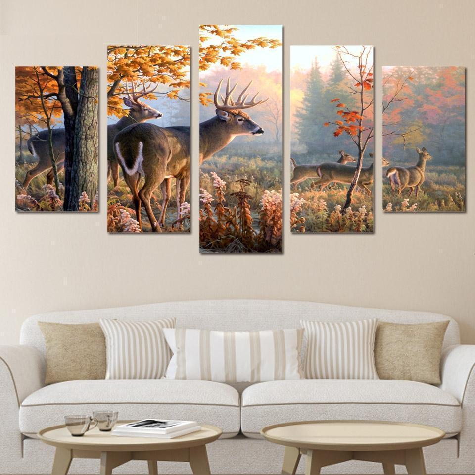 Deers Forest Landscape Ed Animal Canvas Wall Art