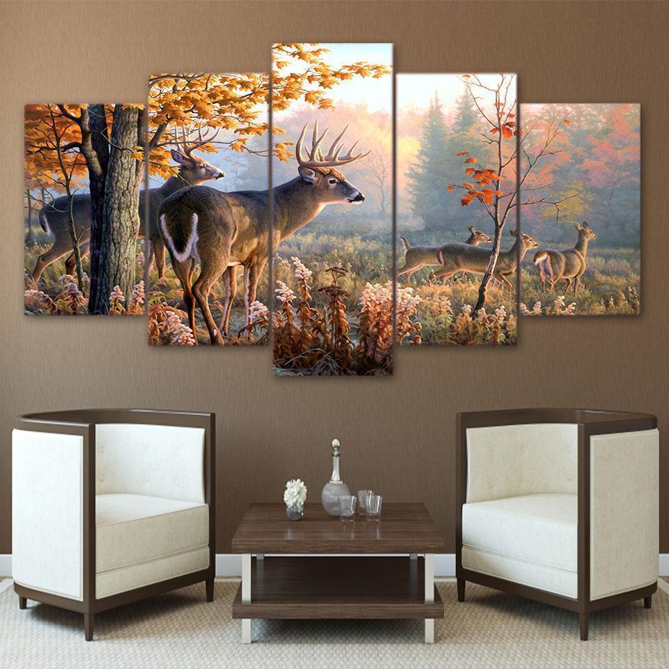 Deers Forest Landscape Ed Animal Canvas Wall Art