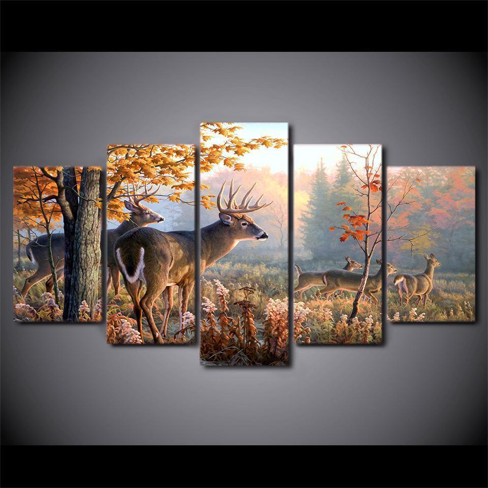 Deers Forest Landscape Ed Animal Canvas Wall Art