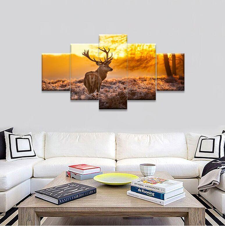 Deers On Farm Wood House  Animal Canvas Wall Art