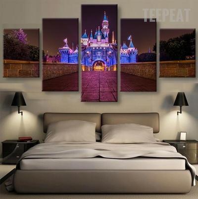 Disney Castle At Night Time Cartoon Canvas Wall Art