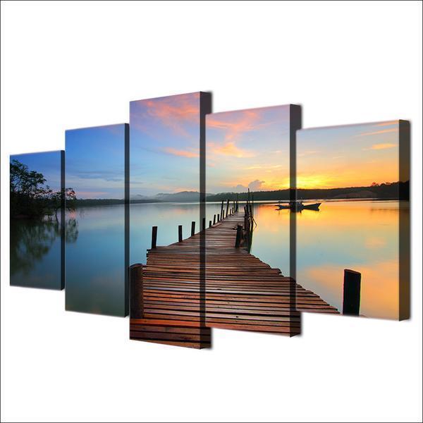 Dock Lake, Water At Sunset Nature Canvas Wall Art