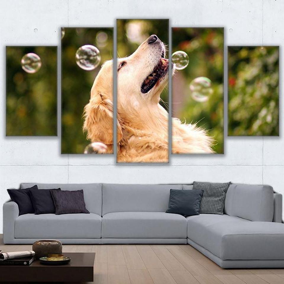 Dog Playing With Bubbles Animal Canvas Wall Art