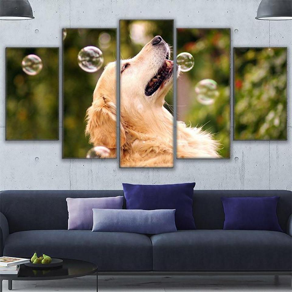 Dog Playing With Bubbles Animal Canvas Wall Art