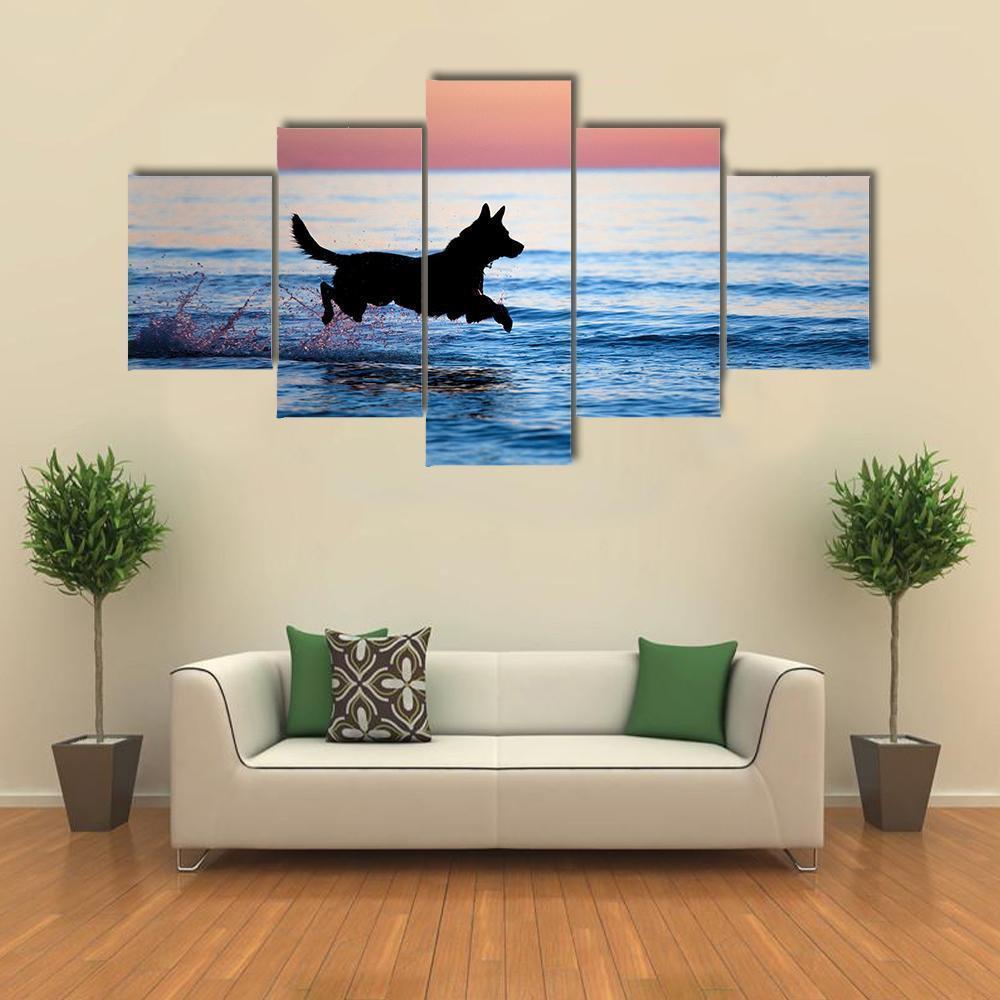 Dog Running On Water Against Horizon Animal Canvas Wall Art