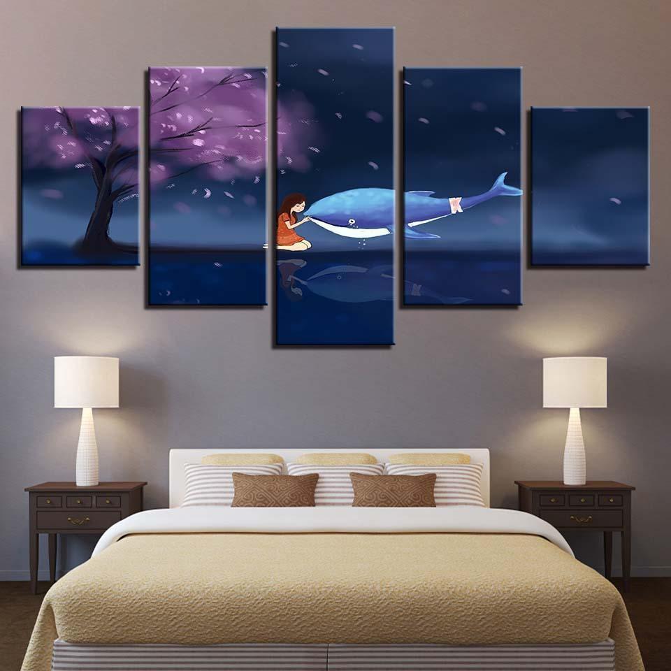 Dolphin And Girl Cherry Blossom Tree Abstract Animal Canvas Wall Art