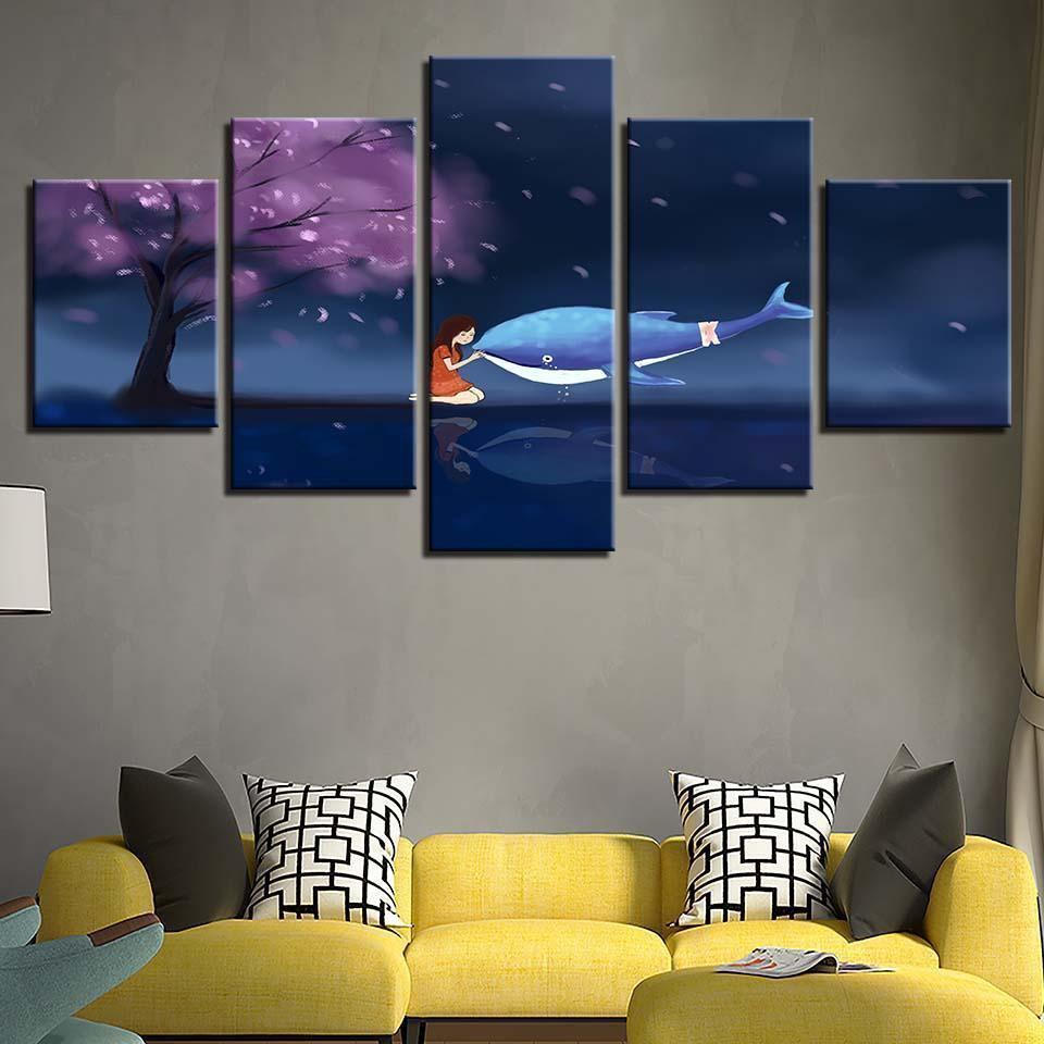 Dolphin And Girl Cherry Blossom Tree Abstract Animal Canvas Wall Art