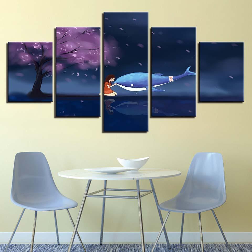 Dolphin And Girl Cherry Blossom Tree Abstract Animal Canvas Wall Art