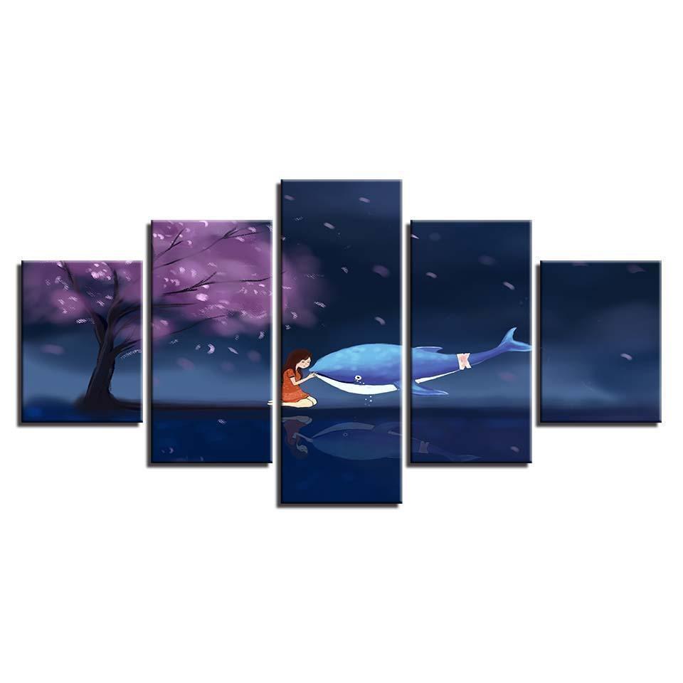 Dolphin And Girl Cherry Blossom Tree Abstract Animal Canvas Wall Art