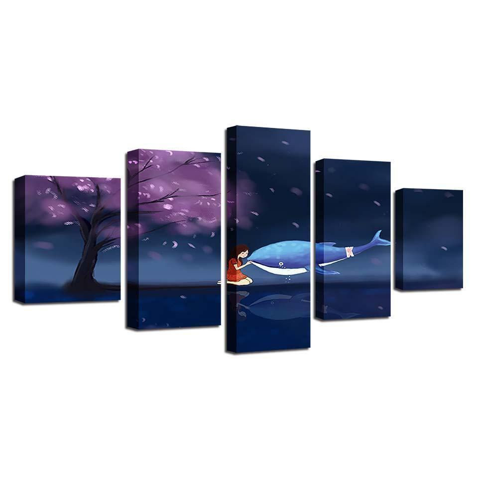 Dolphin And Girl Cherry Blossom Tree Abstract Animal Canvas Wall Art