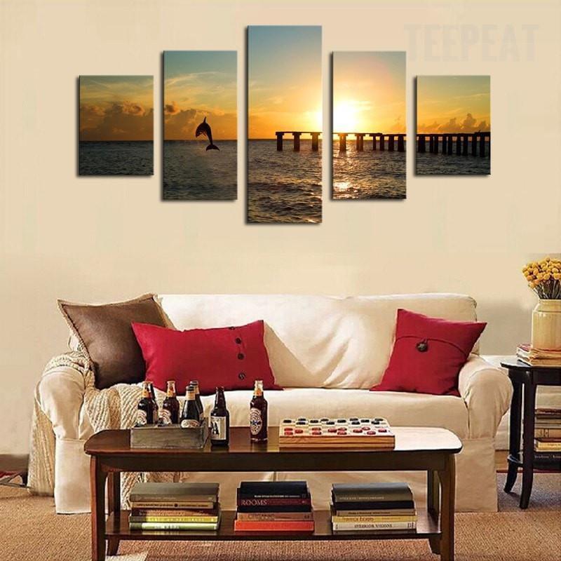 Dolphin Before The Sunset Seascape Animal Canvas Wall Art