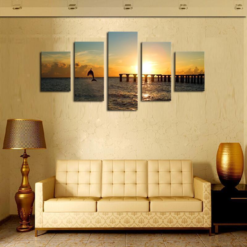 Dolphin Before The Sunset Seascape Animal Canvas Wall Art
