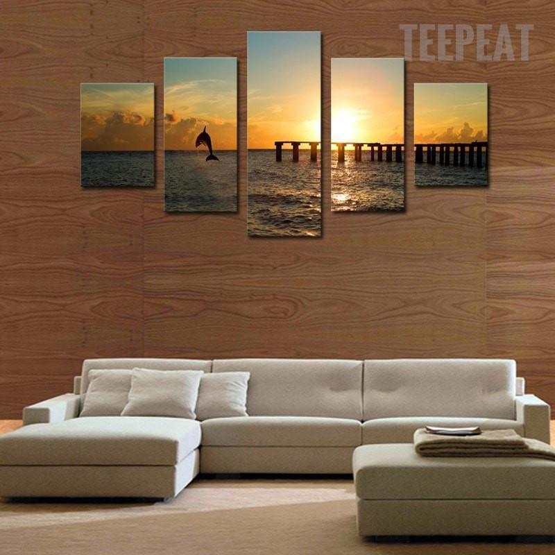 Dolphin Before The Sunset Seascape Animal Canvas Wall Art