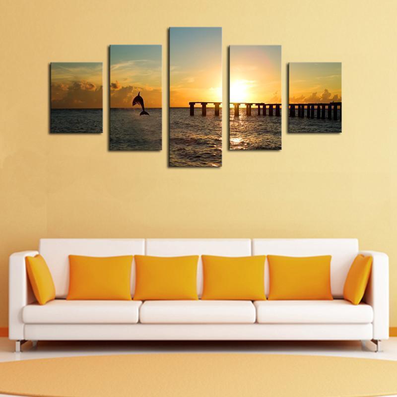Dolphin Before The Sunset Seascape Animal Canvas Wall Art