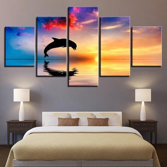 Dolphin Jumps At Sunset Gulf Of Mexico Animal Canvas Wall Art