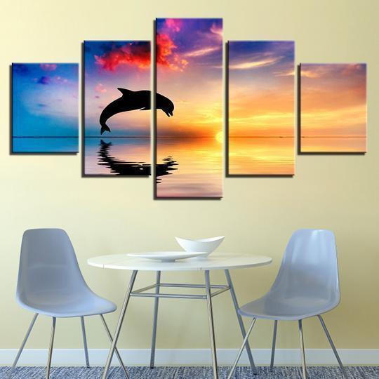 Dolphin Jumps At Sunset Gulf Of Mexico Animal Canvas Wall Art