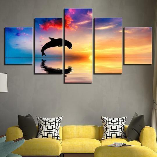 Dolphin Jumps At Sunset Gulf Of Mexico Animal Canvas Wall Art