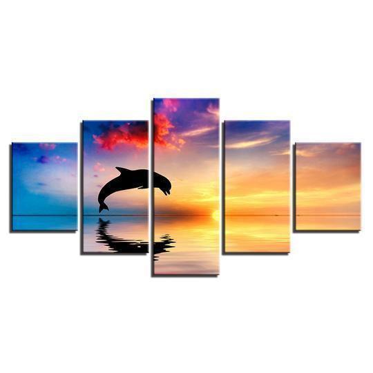 Dolphin Jumps At Sunset Gulf Of Mexico Animal Canvas Wall Art