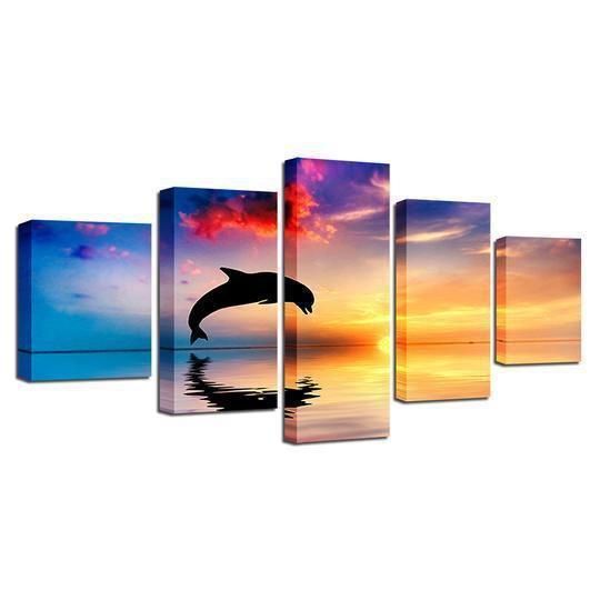 Dolphin Jumps At Sunset Gulf Of Mexico Animal Canvas Wall Art
