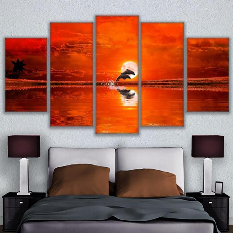 Dolphin Sun Flaming Sunset Leaping Porpoises Animal Canvas Wall Art