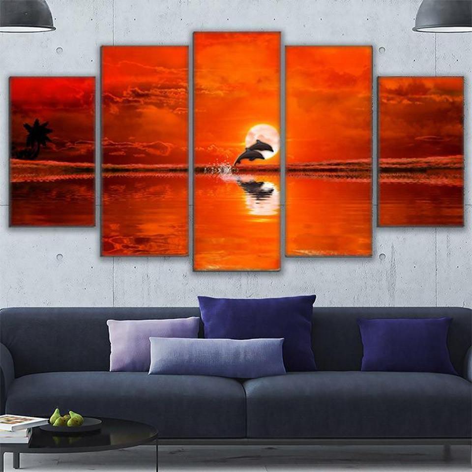 Dolphin Sun Flaming Sunset Leaping Porpoises Animal Canvas Wall Art