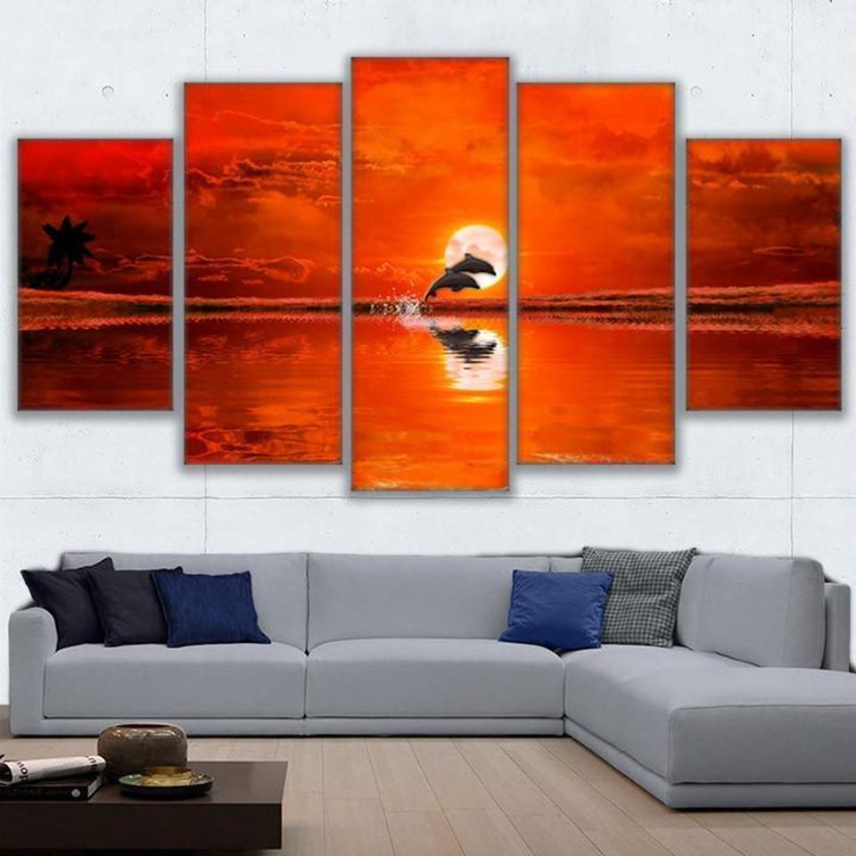 Dolphin Sun Flaming Sunset Leaping Porpoises Animal Canvas Wall Art