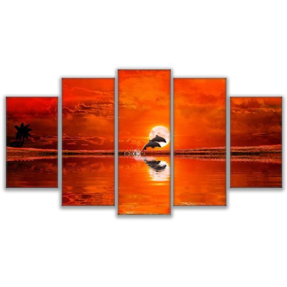 Dolphin Sun Flaming Sunset Leaping Porpoises Animal Canvas Wall Art