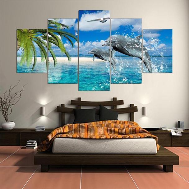Dolphins And White Sand Beach Animal Canvas Wall Art