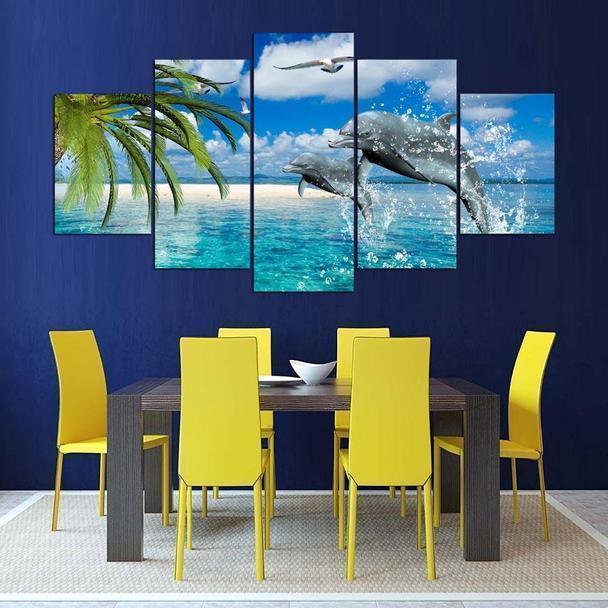 Dolphins And White Sand Beach Animal Canvas Wall Art
