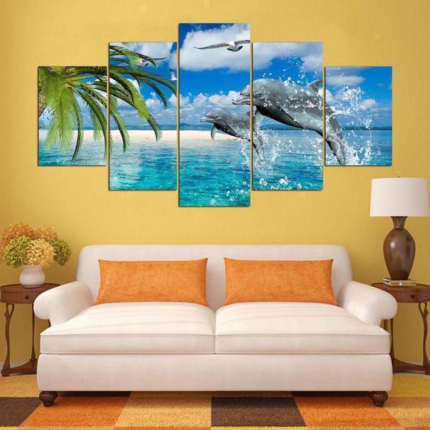 Dolphins And White Sand Beach Animal Canvas Wall Art