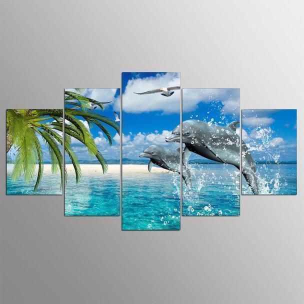 Dolphins And White Sand Beach Animal Canvas Wall Art