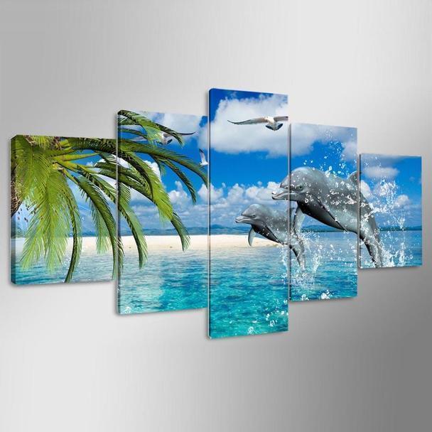 Dolphins And White Sand Beach Animal Canvas Wall Art