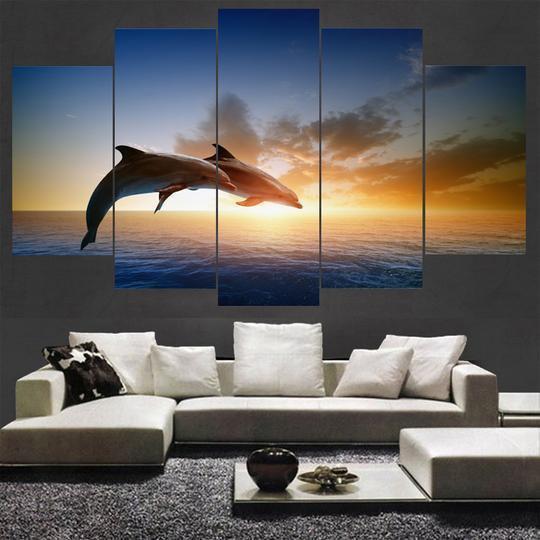 Dolphins Jumping At Sunset Animal Canvas Wall Art