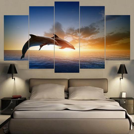 Dolphins Jumping At Sunset Animal Canvas Wall Art