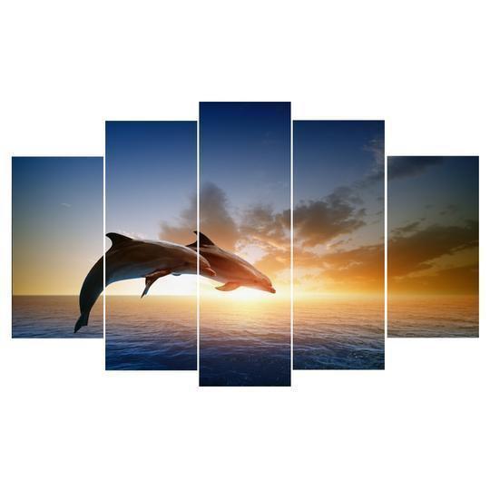 Dolphins Jumping At Sunset Animal Canvas Wall Art