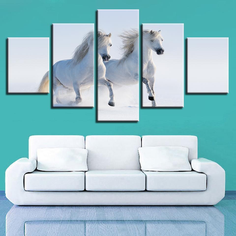 Double White Horse Animal Canvas Wall Art