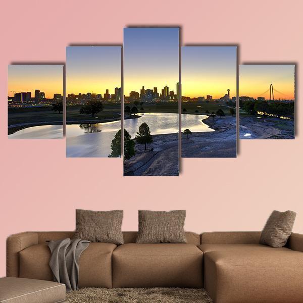 Downtown Dallas Skyline At Sunrise In Texas Nature Canvas Wall Art