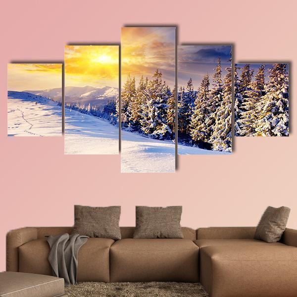 Dramatic Sunset In The Winter Mountains Landscape Nature Canvas Wall Art