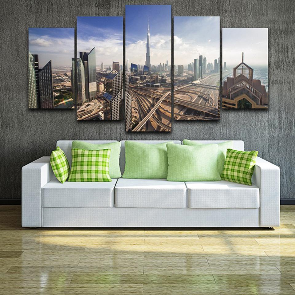 Dubai Skyline With Architecture City Aerial View Nature Canvas Wall Art