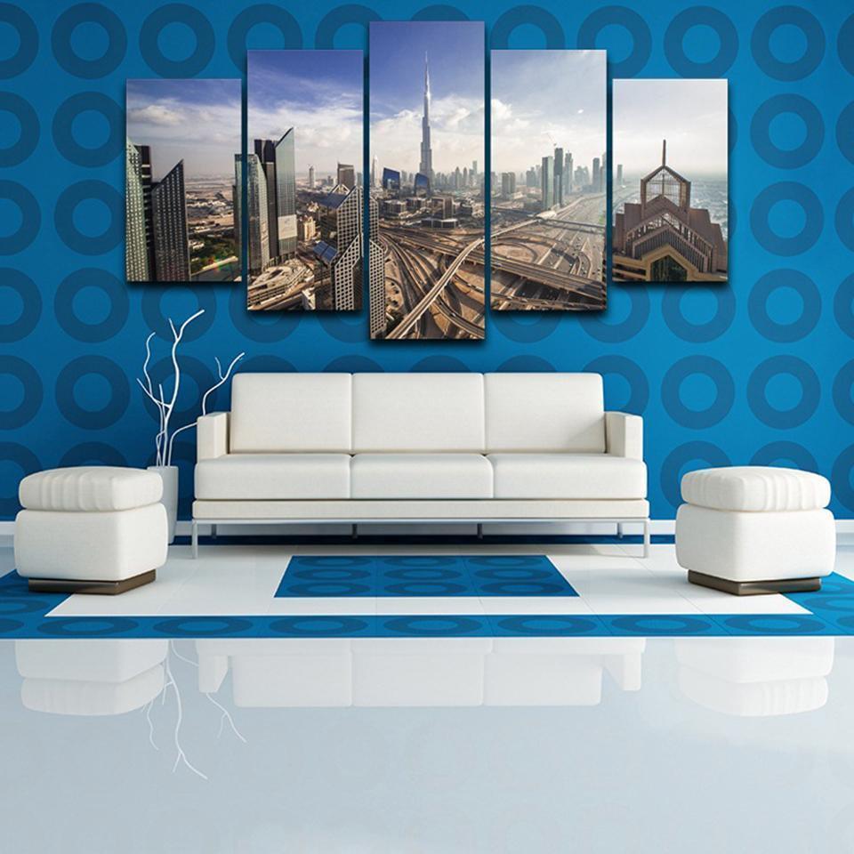 Dubai Skyline With Architecture City Aerial View Nature Canvas Wall Art
