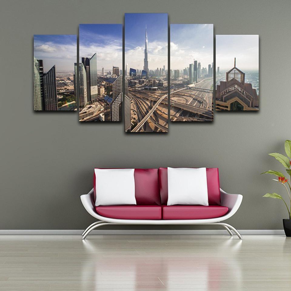 Dubai Skyline With Architecture City Aerial View Nature Canvas Wall Art