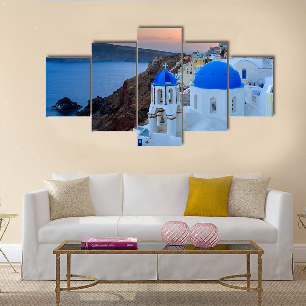 Dusk Over Blue Domed Churches At Oia Santorini Nature Canvas Wall Art