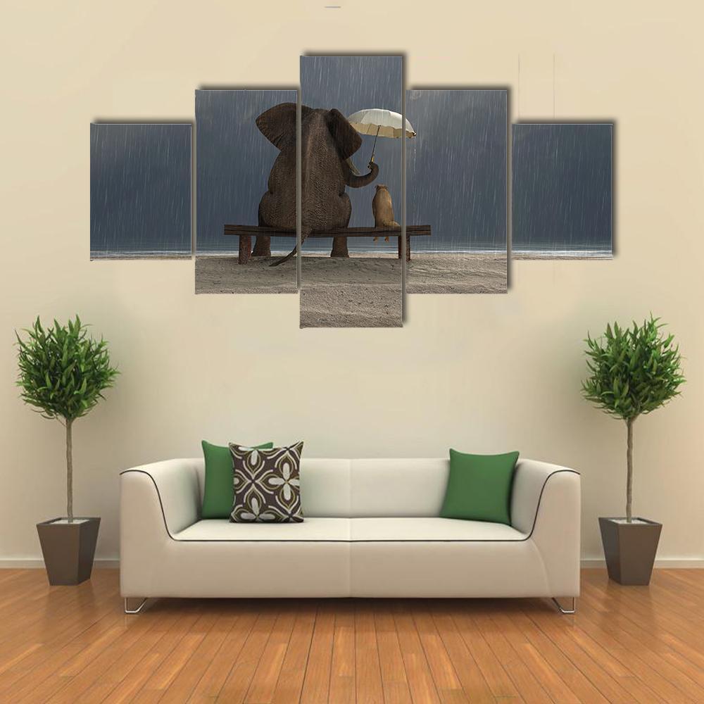 Elephant And Dog Sit Under The Rain Animal Canvas Wall Art