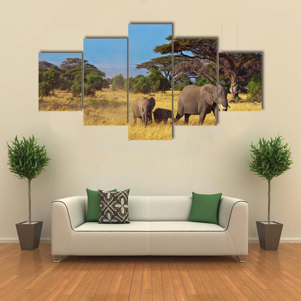 Elephant Family In Front Of Kilimanjaro Animal Canvas Wall Art