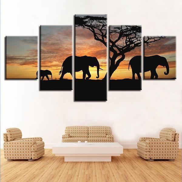 Elephant Family On Sunset Animal Canvas Wall Art