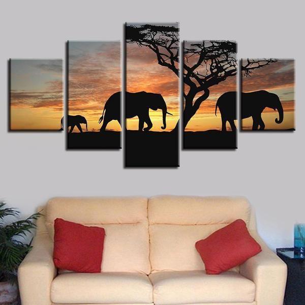 Elephant Family On Sunset Animal Canvas Wall Art